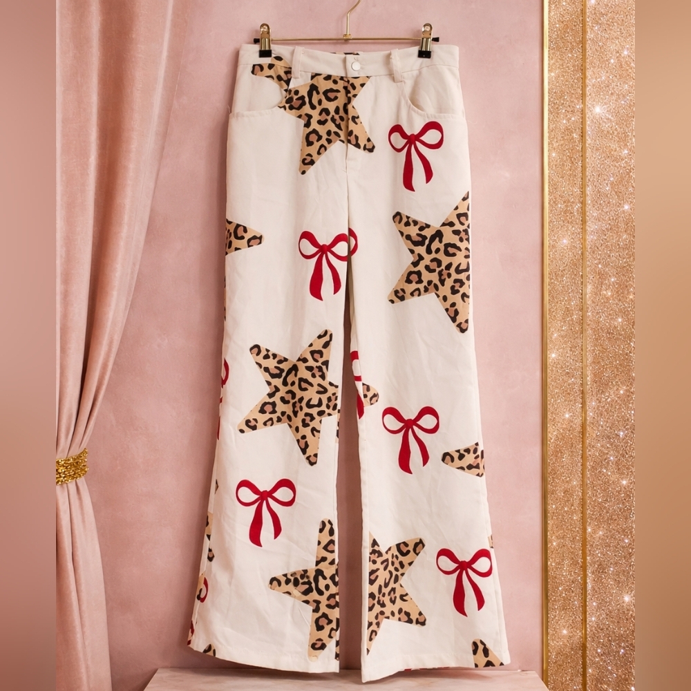 NWOT SHEIN SMALL Cream Pants with Leopard Stars and Red Bows